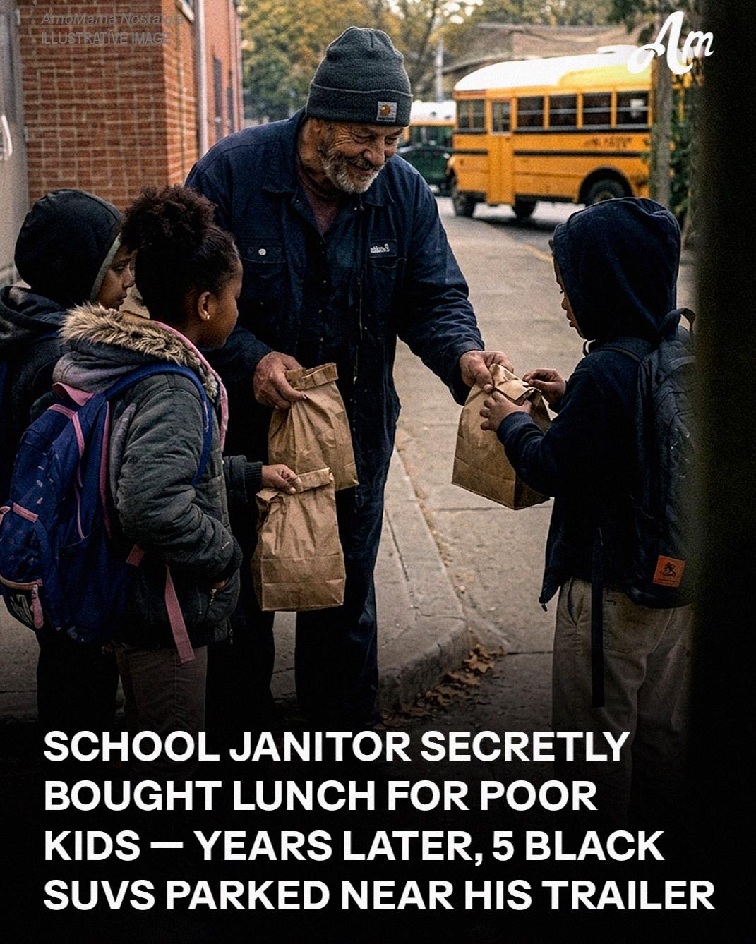 THE SCHOOL JANITOR SECRETLY BOUGHT LUNCH FOR POOR KIDS — YEARS LATER, 5 BLACK SUVS PARKED NEAR HIS TRAILER For nearly twenty years, Mr. Lewis was the school janitor in a little town most people ignored. Students scarcely noticed him as he swept the corridors or mended broken lockers late at night. What remained hidden was that he used almost half his paycheck to buy lunches for children whose families couldn’t afford them. Whenever a pupil quietly said, “I’m not hungry,” he would already know the truth. “Go eat,” he’d whisper, slipping cafeteria tickets into their backpacks. “And don’t tell anyone where they came from.” He lived alone in an aging trailer outside of town. The roof leaked during storms, his truck struggled to start, and he often relied on a small space heater to get through winter. People muttered that he was a loser behind his back. Still, each morning at 5 a.m., he arrived with a smile. Years went by. Thousands of students passed through. Then one cold evening, as Mr. Lewis sat outside his trailer with a cup of coffee, headlights suddenly filled the dirt road. One black SUV pulled up. Then another. And another. Five altogether. Neighbors peered through curtains as men in costly suits stepped out one after another. Perplexed, Mr. Lewis rose slowly and walked outside. And the instant he saw their faces… his eyes filled with tears. He recognized every single one of them. Part two is in the comments below!👇👇👇