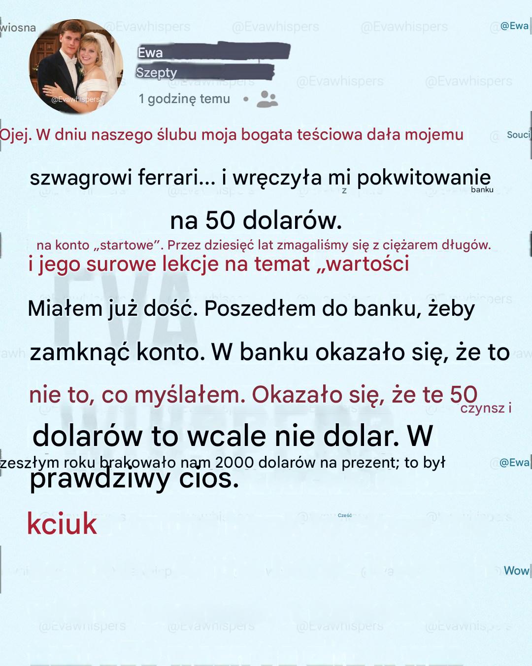 Moja bardzo bogata teściowa podarowała swojemu ulubionemu synowi Ferrari z okazji naszego ślubu, a nam dała 50 dolarów… Dziesięć lat później poznałam prawdę i rozpłakałam się.