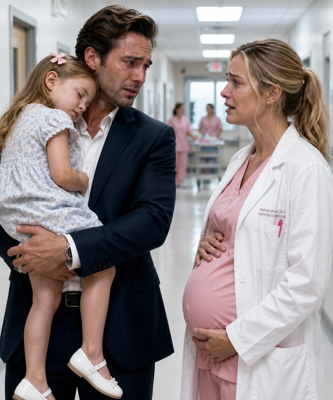 My former partner rushed into my emergency room carrying his injured daughter, only to come face-to-face with me—the doctor he had left behind months ago. What he never expected was to find me seven months pregnant, carrying the child he didn’t know existed. I didn’t break down. I didn’t let my emotions show. “I’m Dr. Adelaide,” I said professionally, ignoring the way his eyes immediately drifted to my stomach. But a few hours later, when his daughter quietly whispered a simple sentence, all the color drained from his face. The night Elias burst through the emergency room doors holding his injured daughter, he expected confusion, doctors moving quickly, forms to sign, and perhaps bad news. What he never expected was to see me. And he certainly never expected to find me standing beneath the bright hospital lights, visibly pregnant, one hand resting protectively over the child growing inside me. For a brief moment, time seemed to stop. I stood outside Trauma Bay Two with a stethoscope around my neck, my hair tied into a hurried ponytail. Months of private heartbreak had taught me how to keep my composure. Medical training prepared me for emergencies, frightened families, and difficult situations. But nothing had prepared me for seeing Elias again. “Daddy, my arm hurts,” the little girl whispered from the stretcher. His expensive suit was wrinkled. His tie hung loose. His carefully maintained appearance was gone, replaced by pure worry. For the first time, he looked less like a successful businessman and more like a father afraid of losing something precious. I took a steady breath. “I’m Dr. Adelaide,” I said gently. “And what’s your name, sweetheart?” The little girl blinked through tears. “Sophie.” “What happened, Sophie?” “I fell from the monkey bars.” “At school?” She nodded. “Daddy got really scared.” I almost reacted to the irony. Elias had always struggled to express his feelings, yet here he was trembling because his daughter had gotten hurt. I stepped closer. “I’m going to check you over carefully, okay? Let me know if anything feels uncomfortable.” “Okay.” Then I finally looked at him. “Sir, please give us a little space while we examine her.” Our eyes met. Six months vanished instantly. Recognition appeared first. Then surprise. Then his gaze dropped to my stomach. His expression changed immediately. “Adelaide,” he said quietly. Not Doctor. Adelaide. The way he used to say my name during quieter, happier days, when I still believed we had a future together. I looked away. “Let’s get imaging on her arm and run the usual checks,” I told the nurse. The team moved efficiently around us. I examined Sophie carefully, keeping my hands steady and my voice calm. But I could still feel Elias watching me. I knew exactly what he was thinking. Seven months pregnant. Six months since we separated. Six months since that rainy afternoon when I stood in his kitchen and asked a question I had avoided for too long. “Do you love me, Elias?” He hadn’t known how to answer. Instead, he admitted he didn’t know how to build the kind of life I wanted. So I left. A few weeks later, standing alone in my bathroom holding a positive pregnancy test, I realized I wasn’t starting over by myself. “Dr. Adelaide?” Sophie’s voice pulled me back. “Yes, sweetheart?” “You’re really pretty.” I smiled. “Thank you.” Her eyes drifted toward my stomach. “Are you having a baby?” “I am.” “That’s amazing,” she said. “I’ve always wanted a little sister.” Behind me, I heard Elias take a sharp breath. Nobody else noticed. I did. Once upon a time, I knew every change in his expression. Fortunately, Sophie’s scans showed nothing serious. A minor wrist fracture and overnight observation were all she needed. By late evening, she was resting comfortably upstairs. The emergency was over. The silence afterward felt far more complicated. I found Elias standing alone in a consultation room, staring out the window. “Sophie is doing well,” I said. He turned slowly. “Is the baby mine?” The question carried more vulnerability than I had ever heard from him. Without thinking, my hand rested over my stomach. “Your daughter needs your attention right now,” I replied. “Focus on her.” “Adelaide…” “No.” My voice shook despite my effort to stay composed. “You don’t get to have this conversation after disappearing for six months.” Regret crossed his face. “I didn’t know.” “You never tried to find out.” “I thought you wanted distance.” “I wanted you to choose us.” The words escaped before I could stop them. He looked devastated. “I was afraid,” he admitted. “Yes,” I said softly. “Can we talk?” “Some conversations come too late.” Then I walked away. Hours later, I sat alone in the hospital cafeteria, staring at a cup of coffee that had long gone cold. Outside, the city lights shimmered against the night sky. My phone vibrated. A message from Elias. My heart tightened instantly. The text was simple. Sophie keeps asking for the kind doctor with the baby. She can’t fall asleep. Would you mind checking on her? Full story in 1st comment 👇