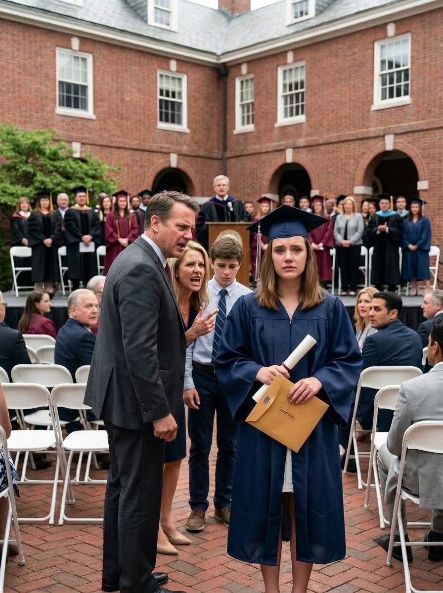 At my own graduation, my father sla:pped me so hard my cap hit the floor. “You don’t deserve that degree,” he spat, while my mother screamed, “You’re just a failure in a gown!” Everyone stared, waiting for me to break. But I didn’t cry. I picked up my diploma, smiled at the cameras, and said, “Good. Now you’ll all hear the truth.” What I revealed next destroyed them. At my own graduation, my father sla:pped me in front of everyone. The sound cracked through the university courtyard so sharply that even the photographers stopped clicking. My maroon cap flew off my head and landed beside my diploma folder. For a second, I could only feel the sting spreading across my cheek while hundreds of students, parents, and professors turned to stare. Dad stood inches from me, his face red with rage. “You don’t deserve that degree,” he spat. My mother rushed up behind him, not to stop him, but to point at me like I was something shameful. “You’re just a failure in a gown!” she screamed. “Stop embarrassing this family!” I heard someone gasp. My best friend, Chloe, whispered, “Mia, are you okay?” But I wasn’t looking at her. I was looking at my parents, the same people who had spent four years telling relatives I had dropped out because they were too ashamed to admit I had earned a full scholarship without their help. They hated this day because I had proved them wrong. My younger brother, Ethan, stood behind them in a clean suit, smirking. He was the golden child, the one they had paid private tutors for, the one they bragged about even after he failed out of community college twice. When my name was called with honors, I saw his smile disappear. That was when Dad stormed toward me. A security guard stepped closer, but I raised my hand. “No. Let him finish.” Dad blinked, surprised. I bent down, picked up my cap, and brushed the dust off my diploma folder. My cheek burned, but my voice stayed calm. “You’re right,” I said. “Everyone should hear the truth.” Mom’s eyes narrowed. “Mia, don’t you dare.” I looked past her toward the stage, where the university president still held the microphone. Then I opened my folder, pulled out the envelope I had carried all morning, and walked straight to him. “Sir,” I said clearly, “before I leave this campus, I need to report the people who stole my tuition money, forged my loan documents, and tried to make me disappear.” Behind me, my father shouted, “Mia, shut your mouth!” But the microphone was already on. To be continued in C0mments 👇